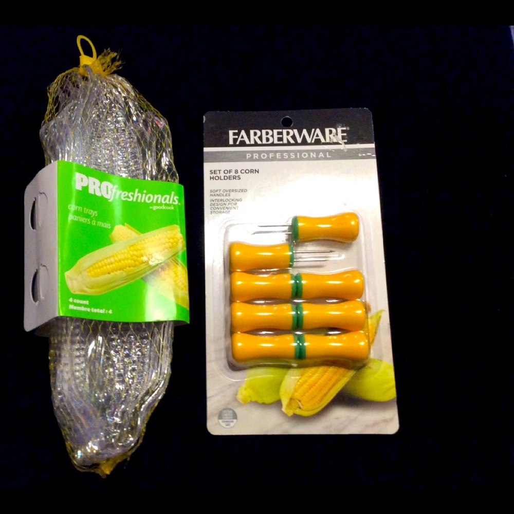 New set of 4 corn cob trays & 8 yellow holders